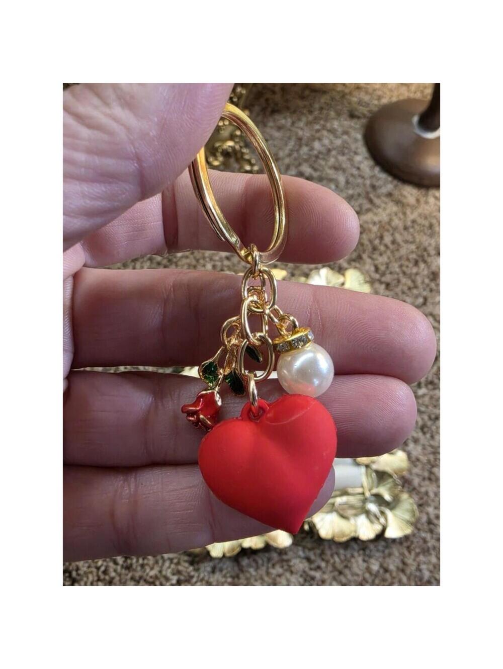 Gold Tone Red Heart and Pearl Charm Keychain